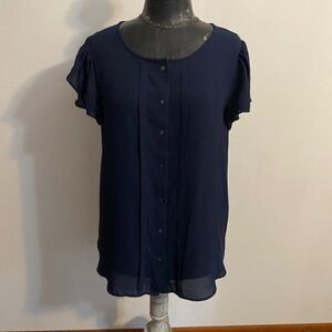 Ann Taylor Factory Navy Blue Button down sheer bottom blouse, size L